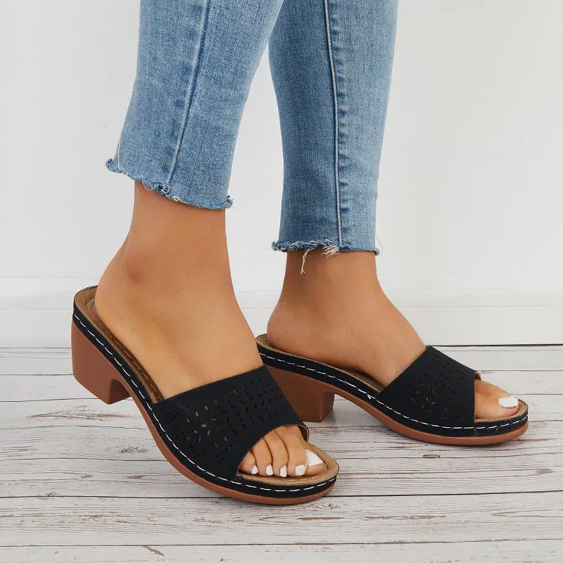 Sohiwoo  Hollow Chunky Block Heel Mules Open Toe Slide Sandals