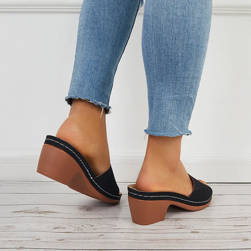 Sohiwoo  Hollow Chunky Block Heel Mules Open Toe Slide Sandals
