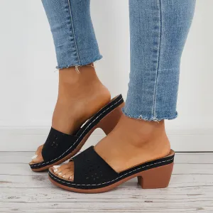 Sohiwoo  Hollow Chunky Block Heel Mules Open Toe Slide Sandals