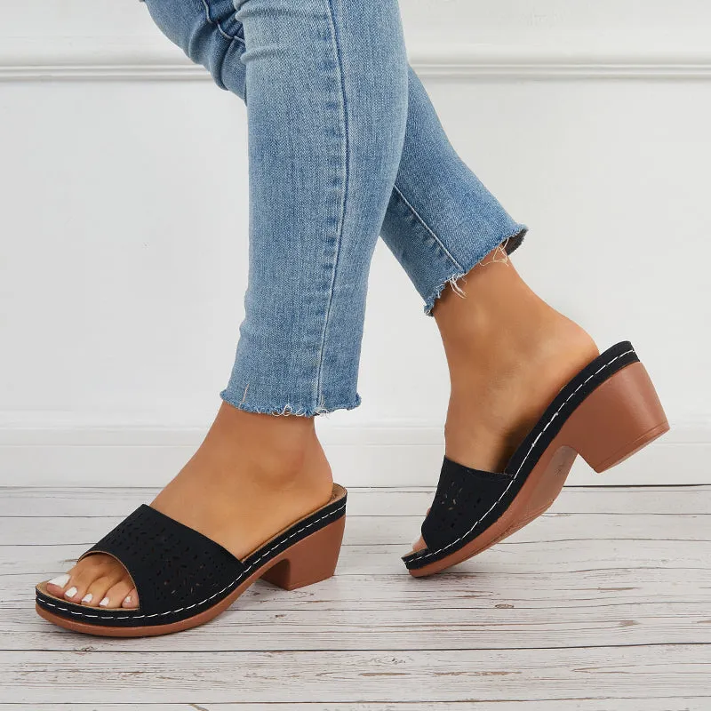 Sohiwoo  Hollow Chunky Block Heel Mules Open Toe Slide Sandals