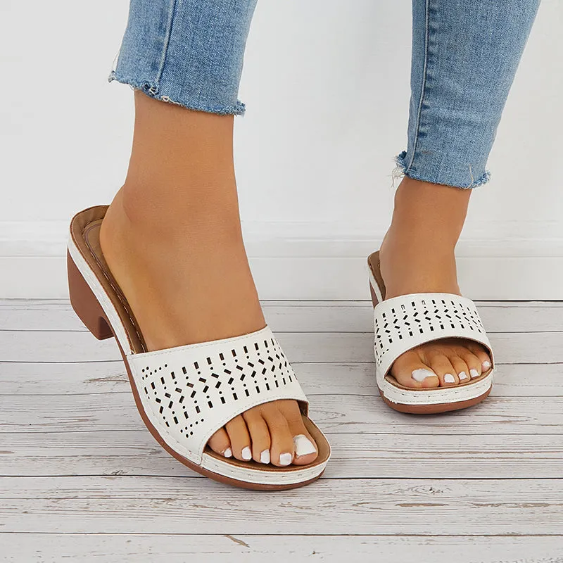 Sohiwoo  Hollow Chunky Block Heel Mules Open Toe Slide Sandals