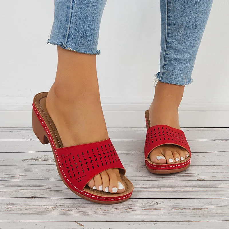 Sohiwoo  Hollow Chunky Block Heel Mules Open Toe Slide Sandals
